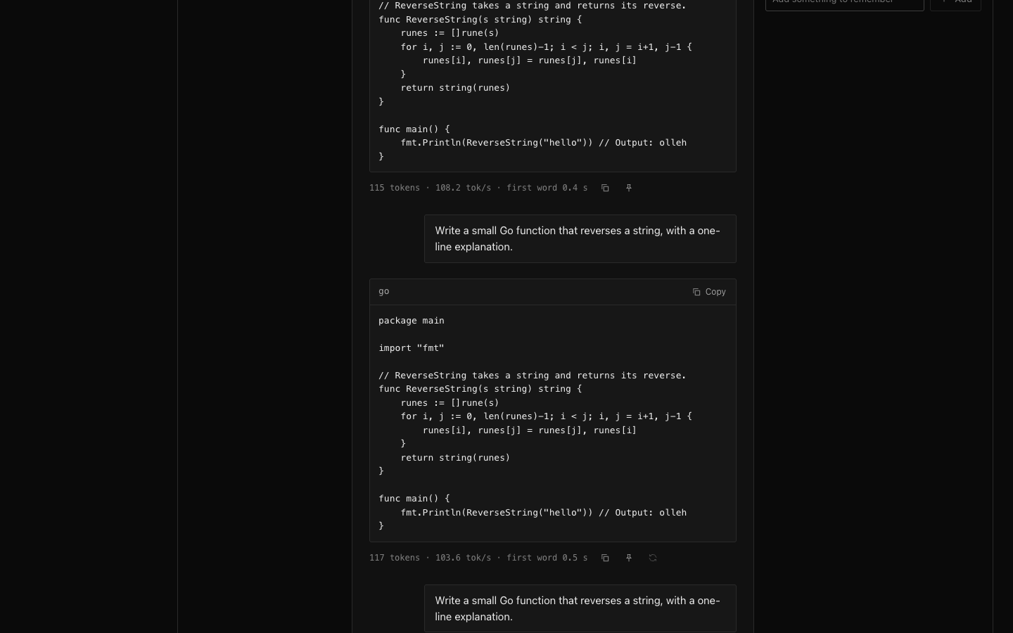 aituner's Chat with a conversation, a code block and the settings panel