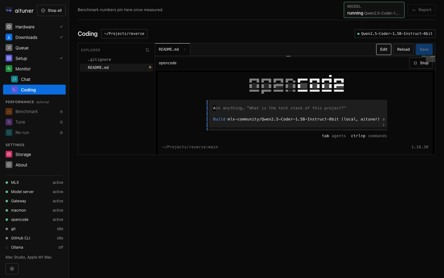 aituner's Coding page: file tree, an editor comparing a change with git, and opencode in the terminal