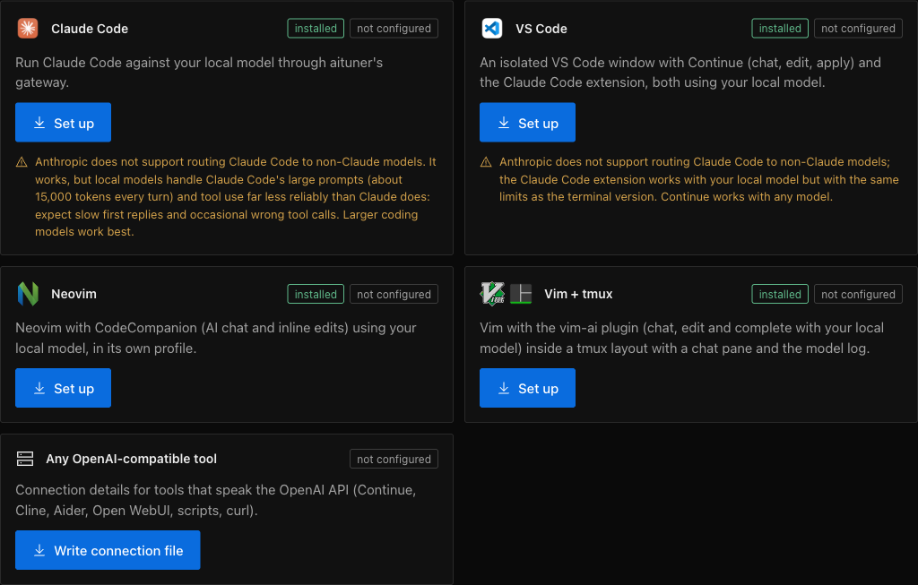 aituner's editor integrations for Claude Code, VS Code, Neovim, Vim and tmux, and OpenAI-compatible tools