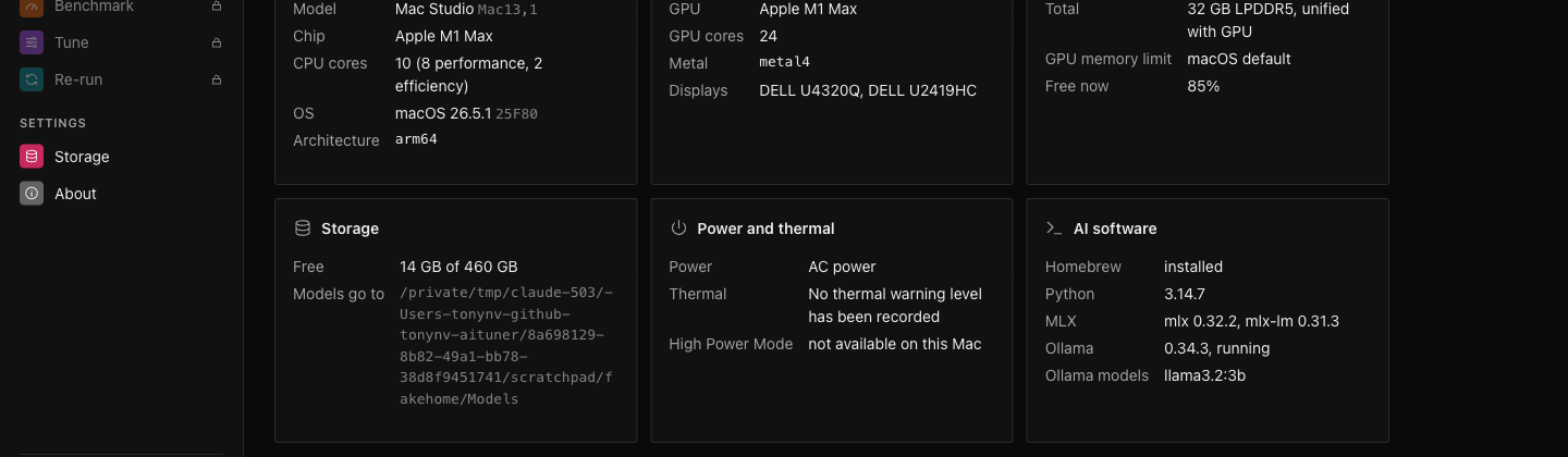 aituner's Hardware page for a Mac Studio with Apple M1 Max
