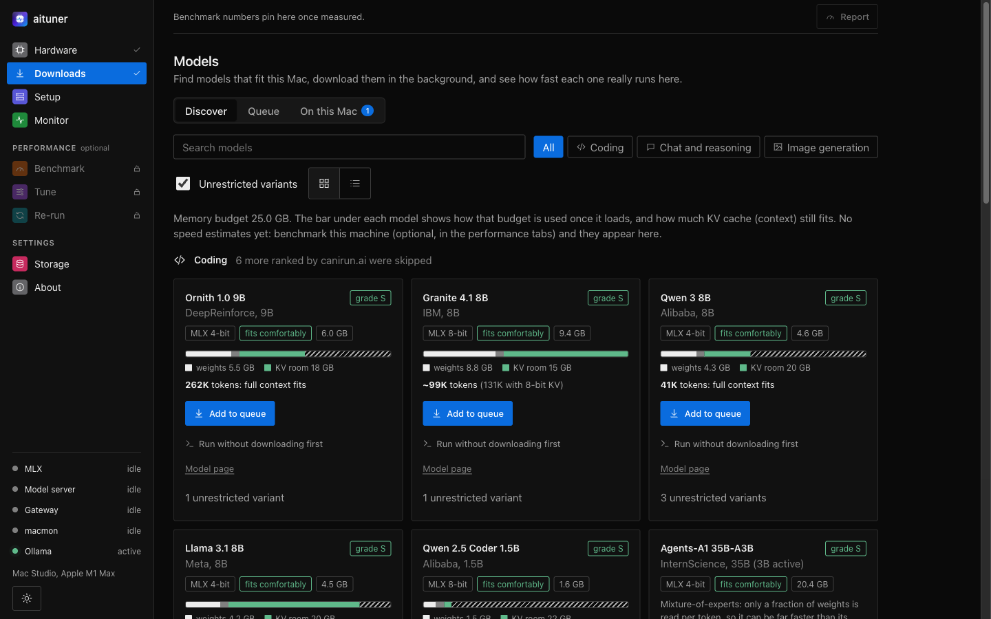 aituner's model catalog with categories, fit grades and a memory bar for each model