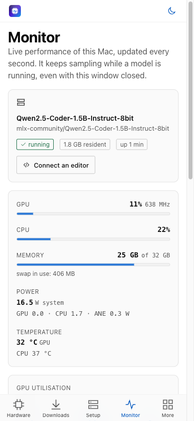 aituner's Monitor at phone size in light mode