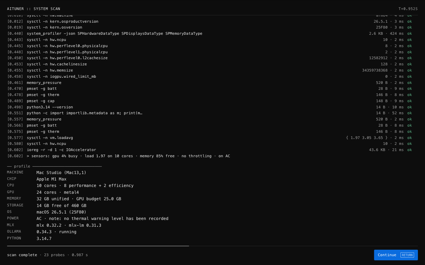 aituner's start-up scan listing each detection command with its timing, then the machine profile